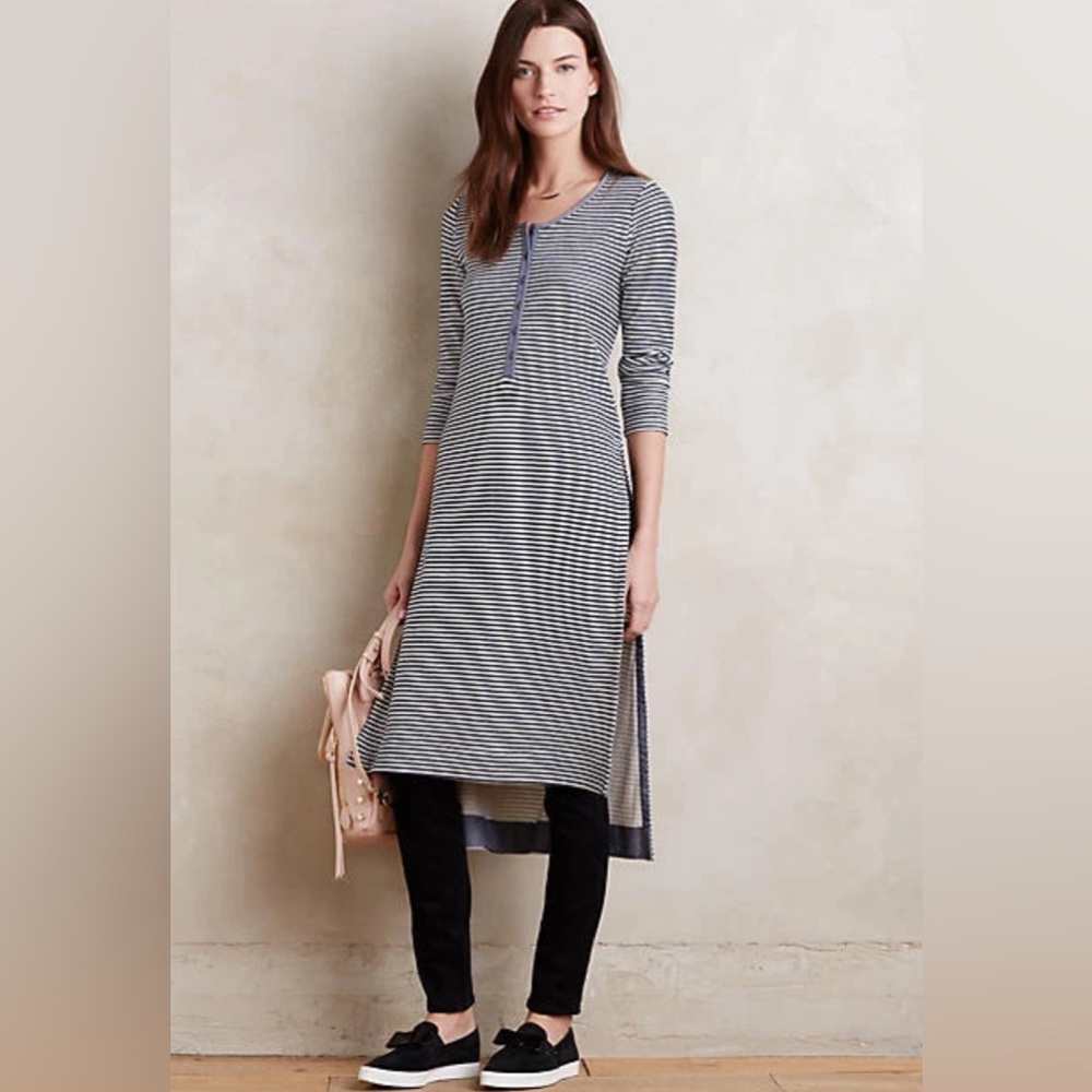 Anthropologie Postmark‎ Navy Striped Side Slits Henley Long Tunic OB496123 M-EUC